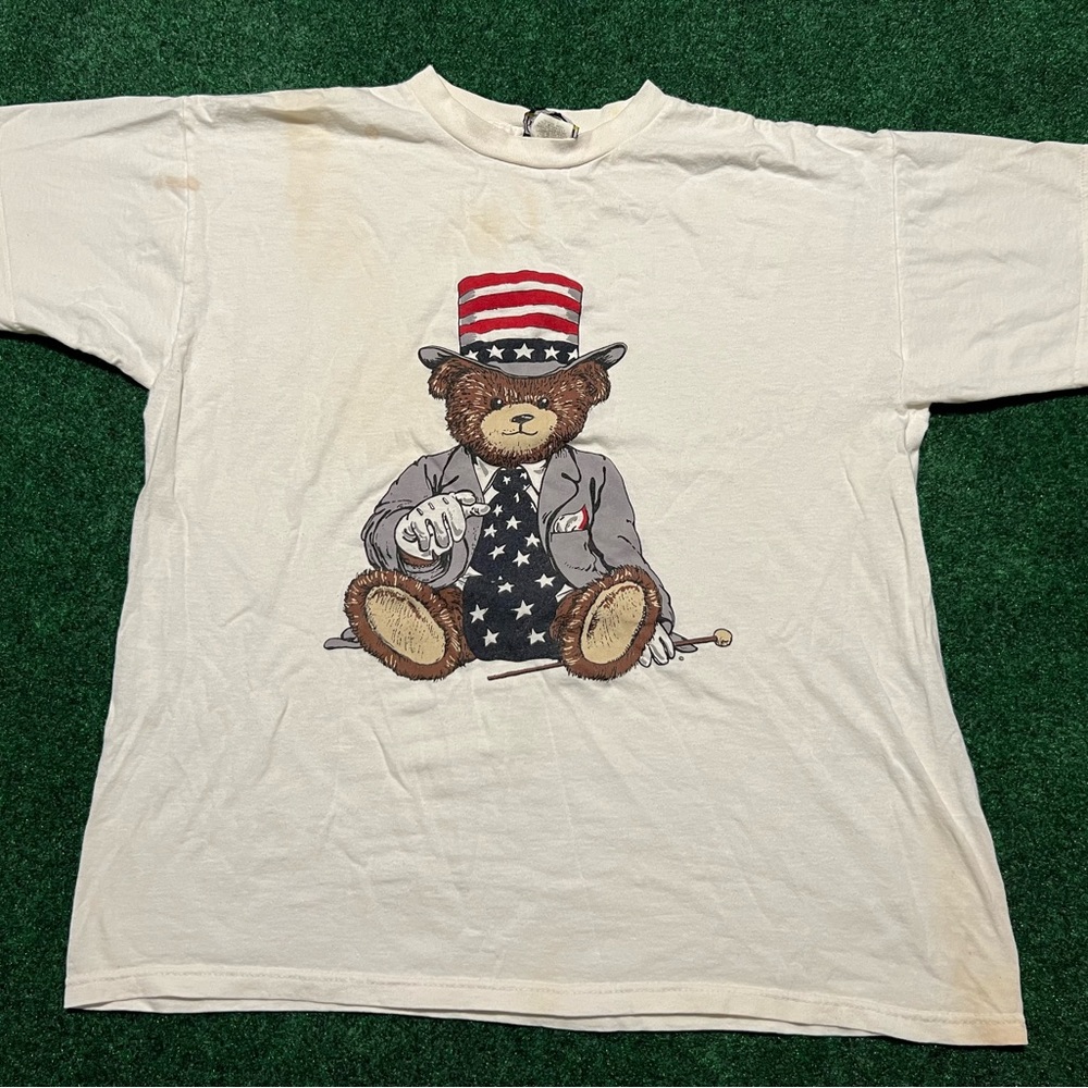 USA Teddy Bear Tompkins Ave. By Plymouth Mills Logo Adult T-Shirt Size L
